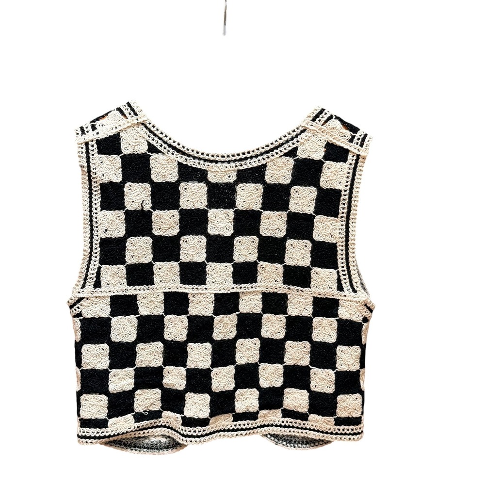 Crochet Vest Women M Black Cream Checkered Boho Knit Button Front Cottagecore - Picture 2 of 5